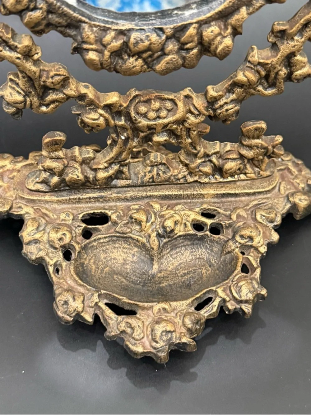 Victorian Style Antique Brass Finish Ornate Heavy Cast Iron Swivel Vanity Mirror